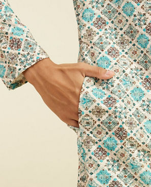 Diwas Men Aqua Green Chikankari Inspired Printed Kurta Pajama