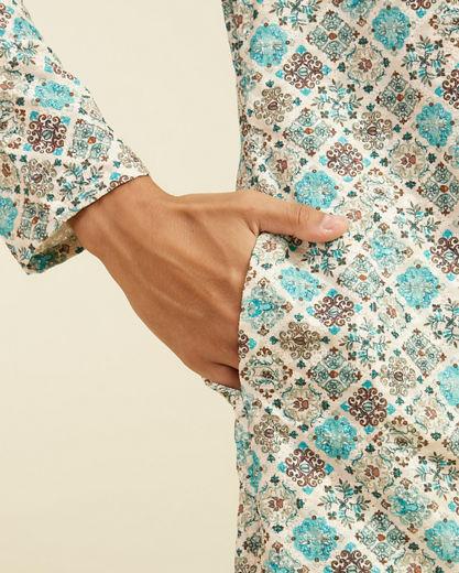 Diwas Men Aqua Green Chikankari Inspired Printed Kurta Pajama