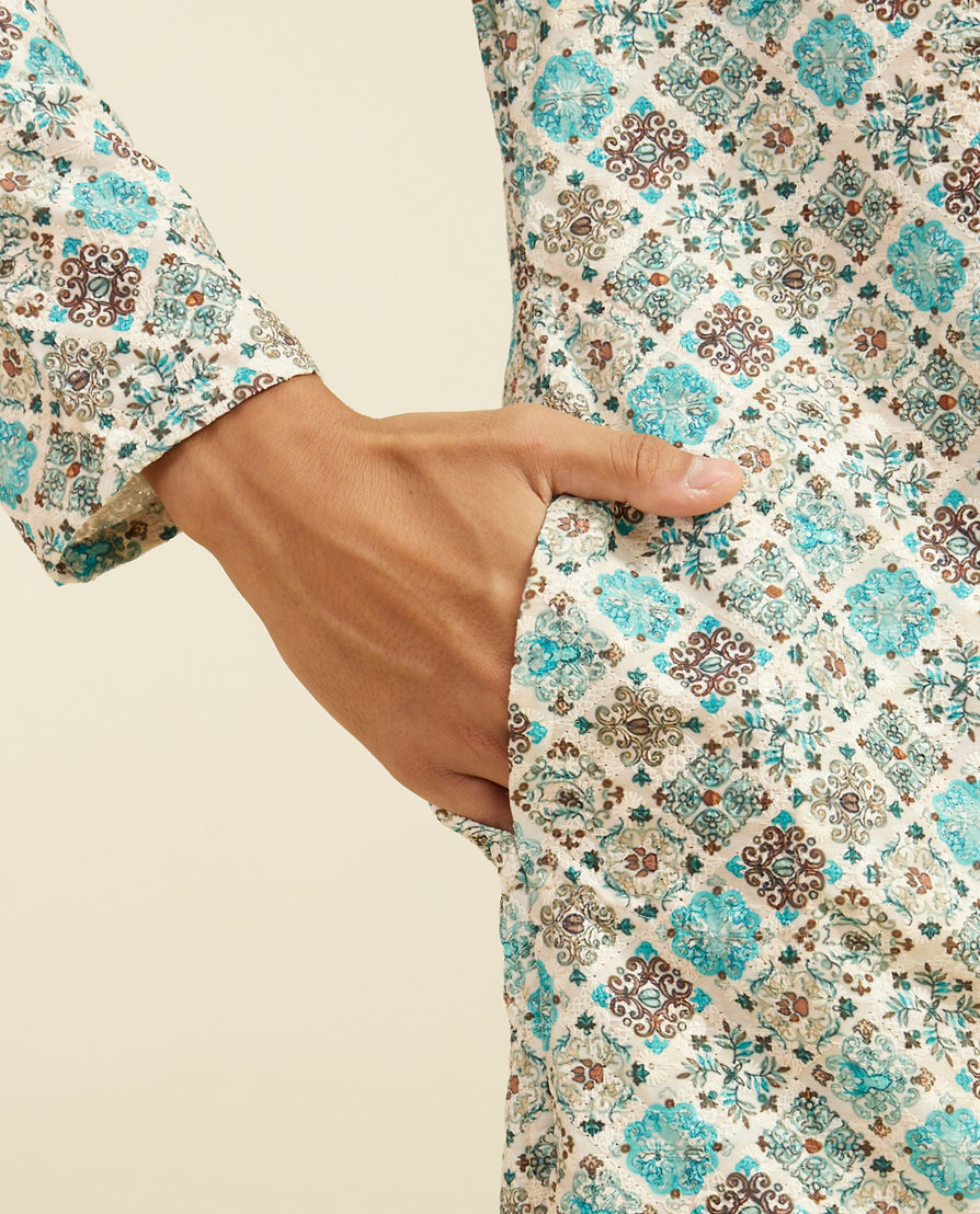 Diwas Men Aqua Green Chikankari Inspired Printed Kurta Pajama
