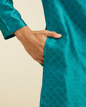 Diwas Men Teal Green Lattice Patterned Kurta Pajama