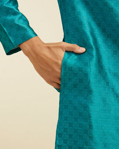 Diwas Men Teal Green Lattice Patterned Kurta Pajama