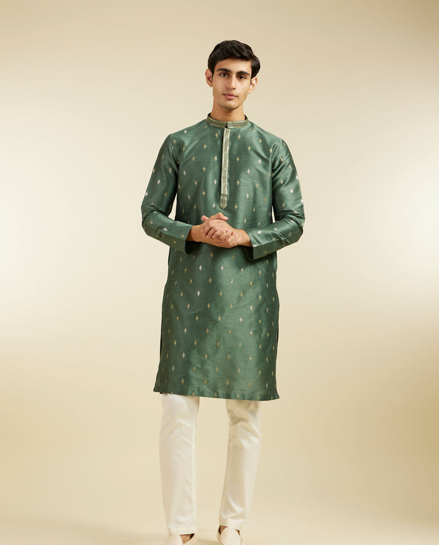 Diwas Men Bottle Green Buta Patterned Kurta Pajama with Sequinned Neckline