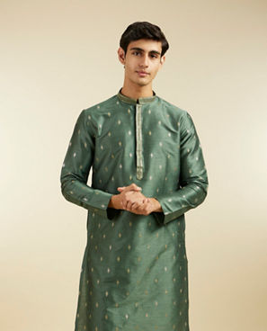 Diwas Men Bottle Green Buta Patterned Kurta Pajama with Sequinned Neckline