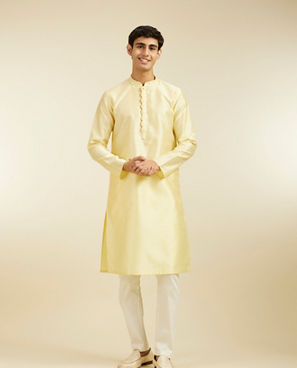 Diwas Men Lemon Yellow Grid Patterned Kurta Pajama