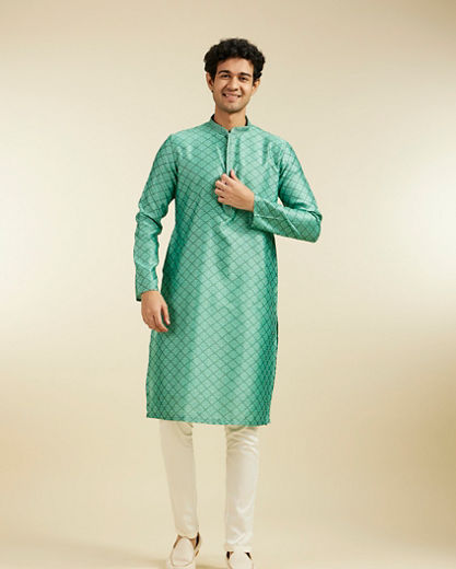 Diwas Men Soft Green Jaal Patterned Kurta Pajama