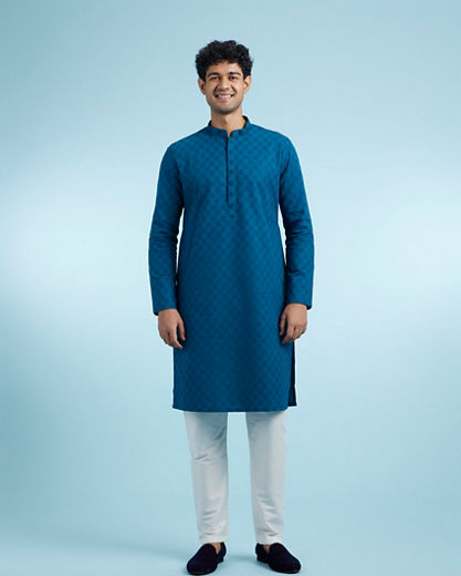 Diwas Men Teal Blue Elegance Cotton Kurta Pajama