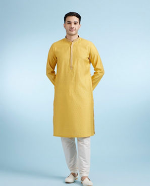 Diwas Men Mustard Jacquard Kurta Pajama Set
