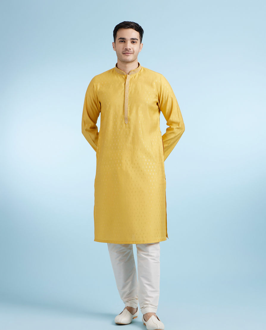 Diwas Men Mustard Jacquard Kurta Pajama Set
