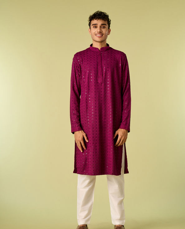 Diwas Men Wine Hued Viscose Kurta Pajama