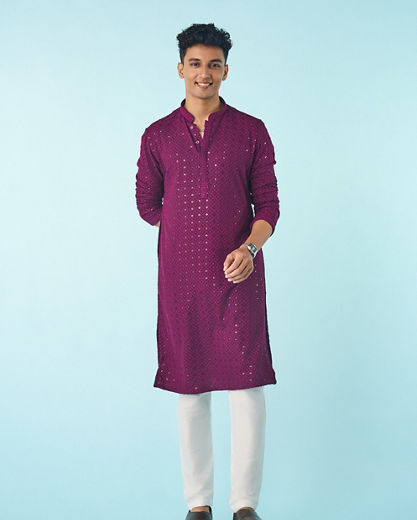 Diwas Men Wine Hued Viscose Kurta Pajama