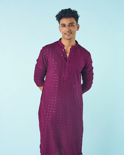 Diwas Men Wine Hued Viscose Kurta Pajama