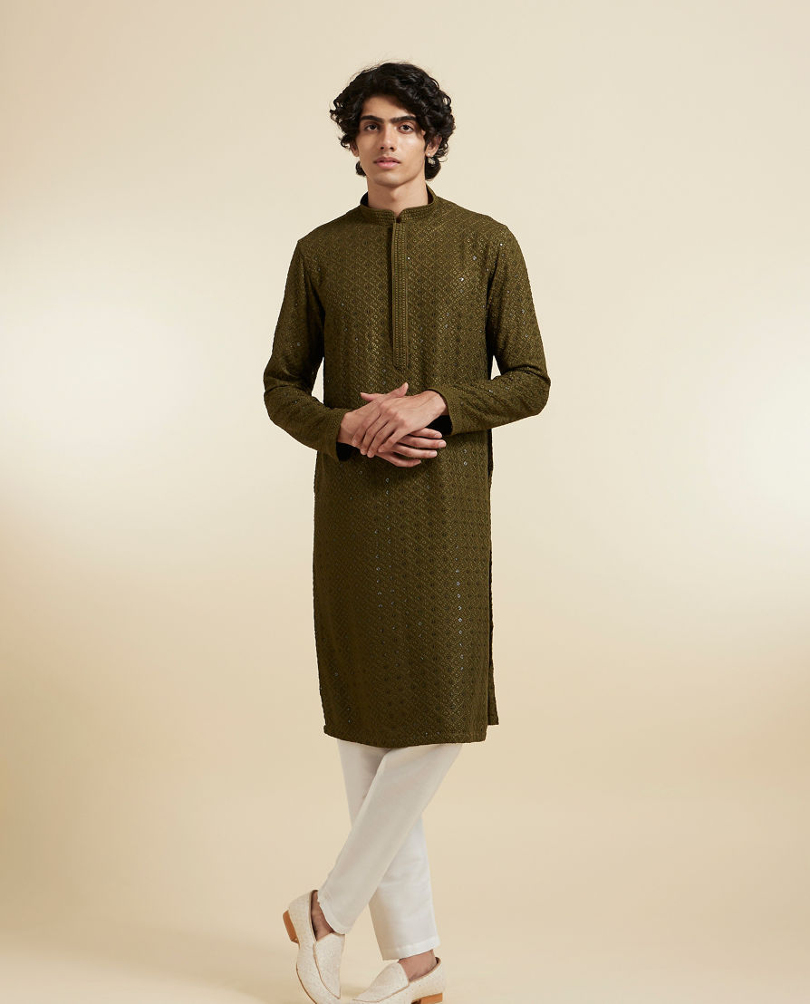 Diwas Men Olive Green Elegance Kurta Pajama