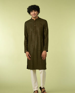Diwas Men Olive Green Chikankari Kurta