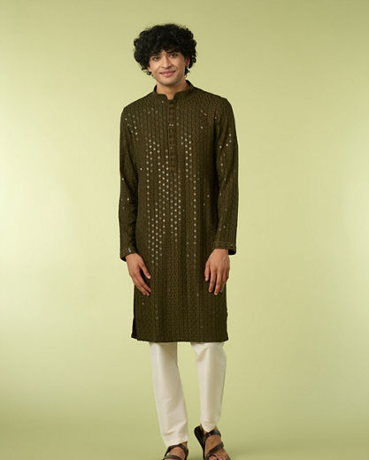 Diwas Men Olive Green Chikankari Kurta