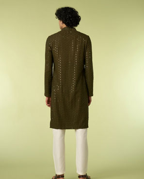 Diwas Men Olive Green Chikankari Kurta