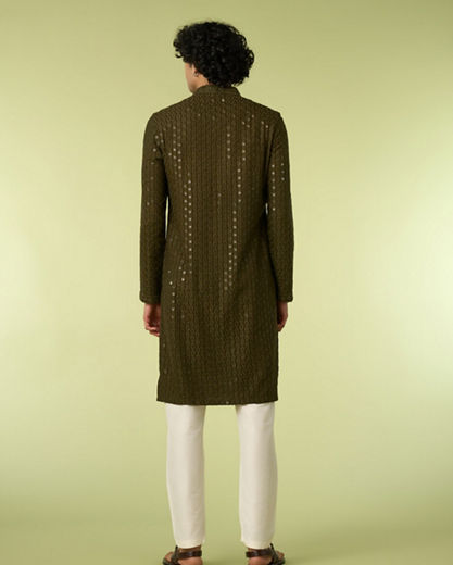 Diwas Men Olive Green Chikankari Kurta