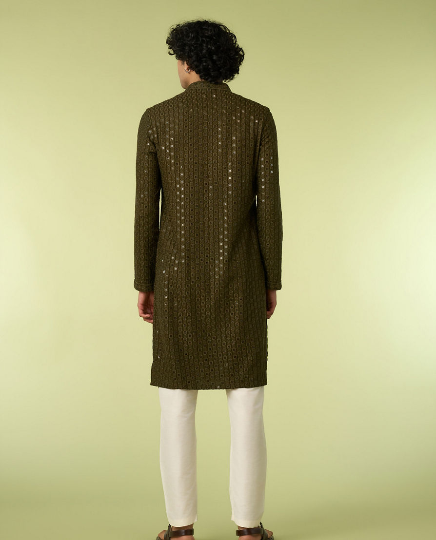 Diwas Men Olive Green Chikankari Kurta