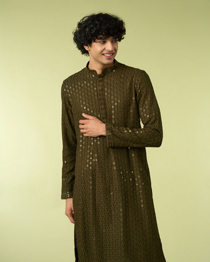 Diwas Men Olive Green Chikankari Kurta
