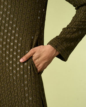 Diwas Men Olive Green Chikankari Kurta
