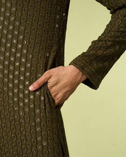 Diwas Men Olive Green Chikankari Kurta