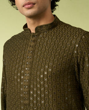 Diwas Men Olive Green Chikankari Kurta