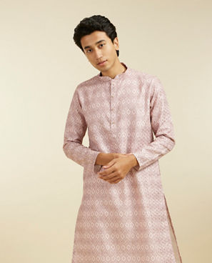 Diwas Men Baby Pink Grid Printed Kurta Pajama