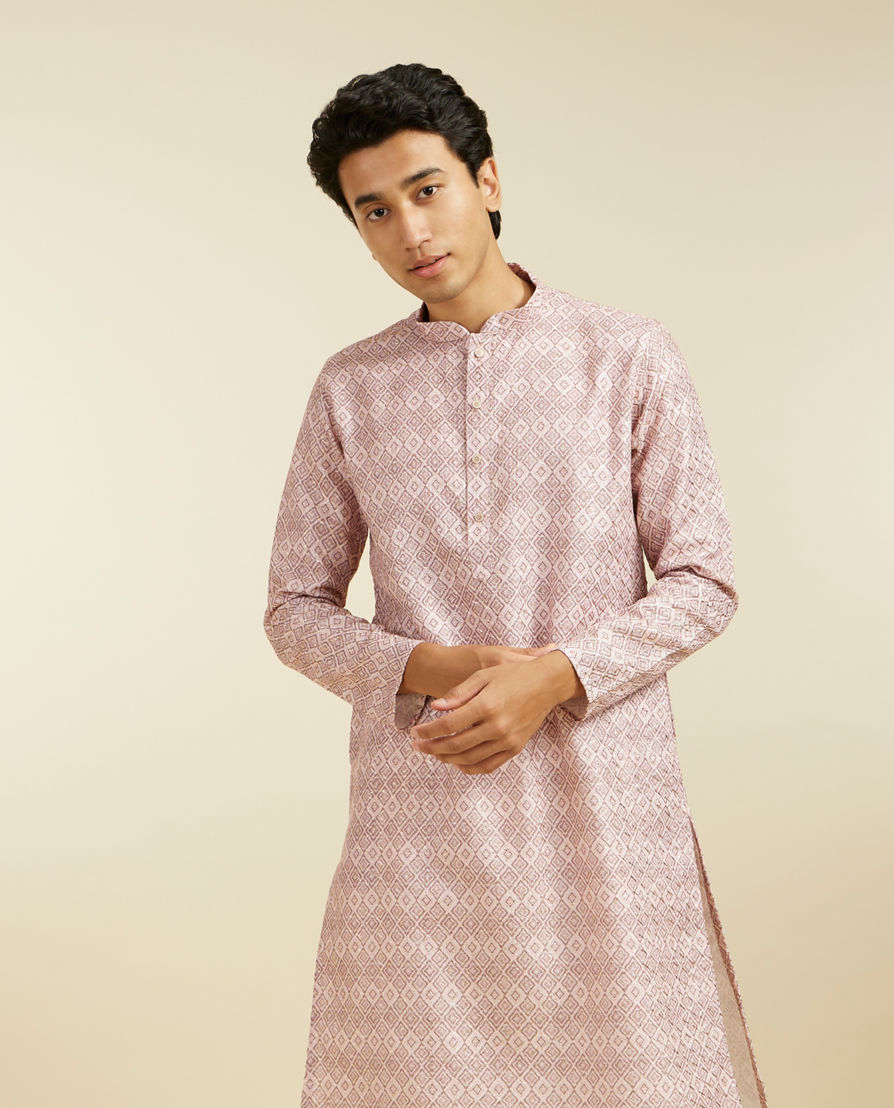 Diwas Men Baby Pink Grid Printed Kurta Pajama