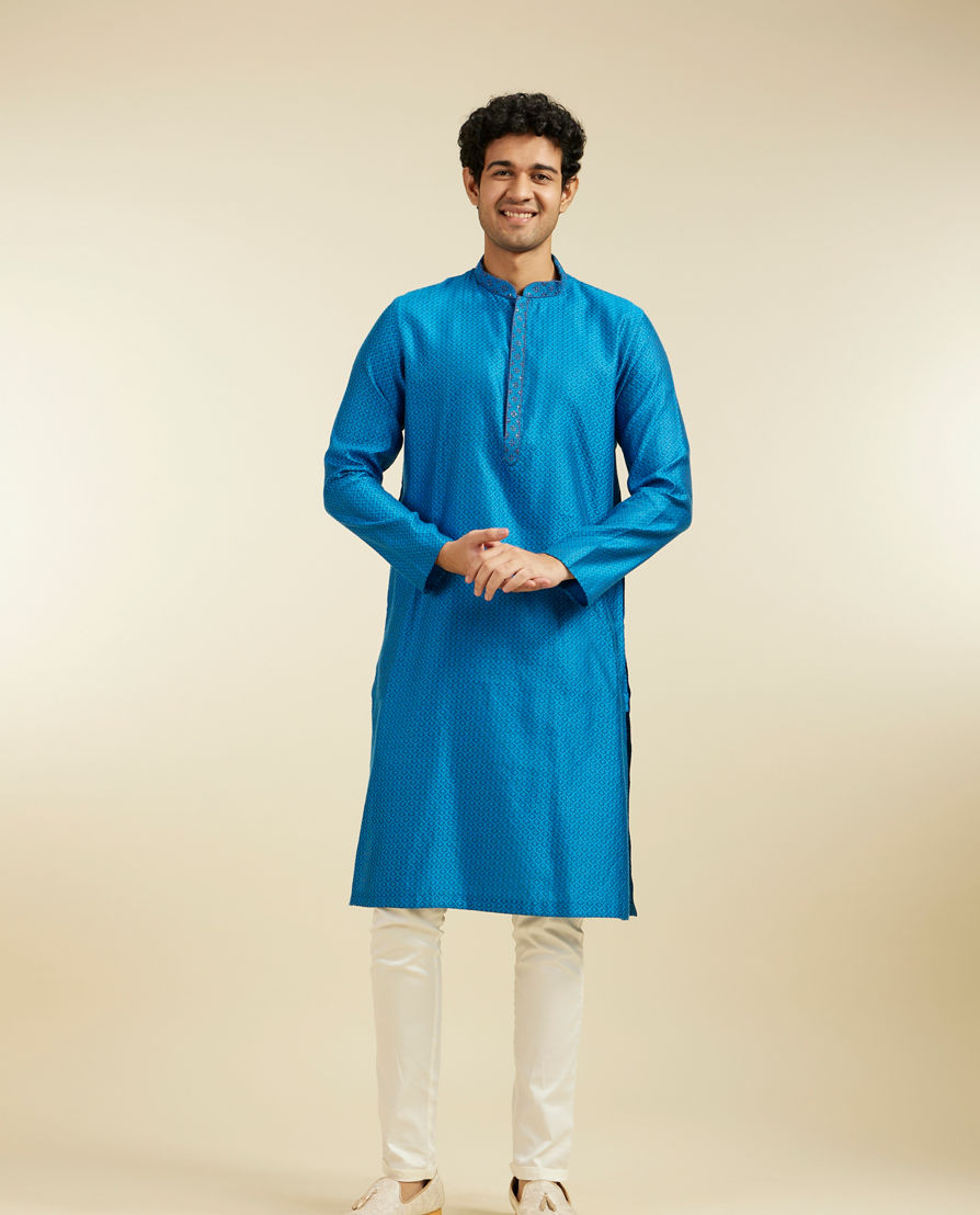 Diwas Men Lapis Blue Lattice Patterned Kurta Pajama