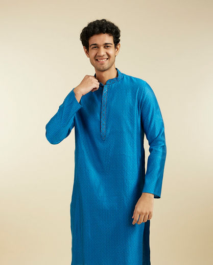 Diwas Men Lapis Blue Lattice Patterned Kurta Pajama