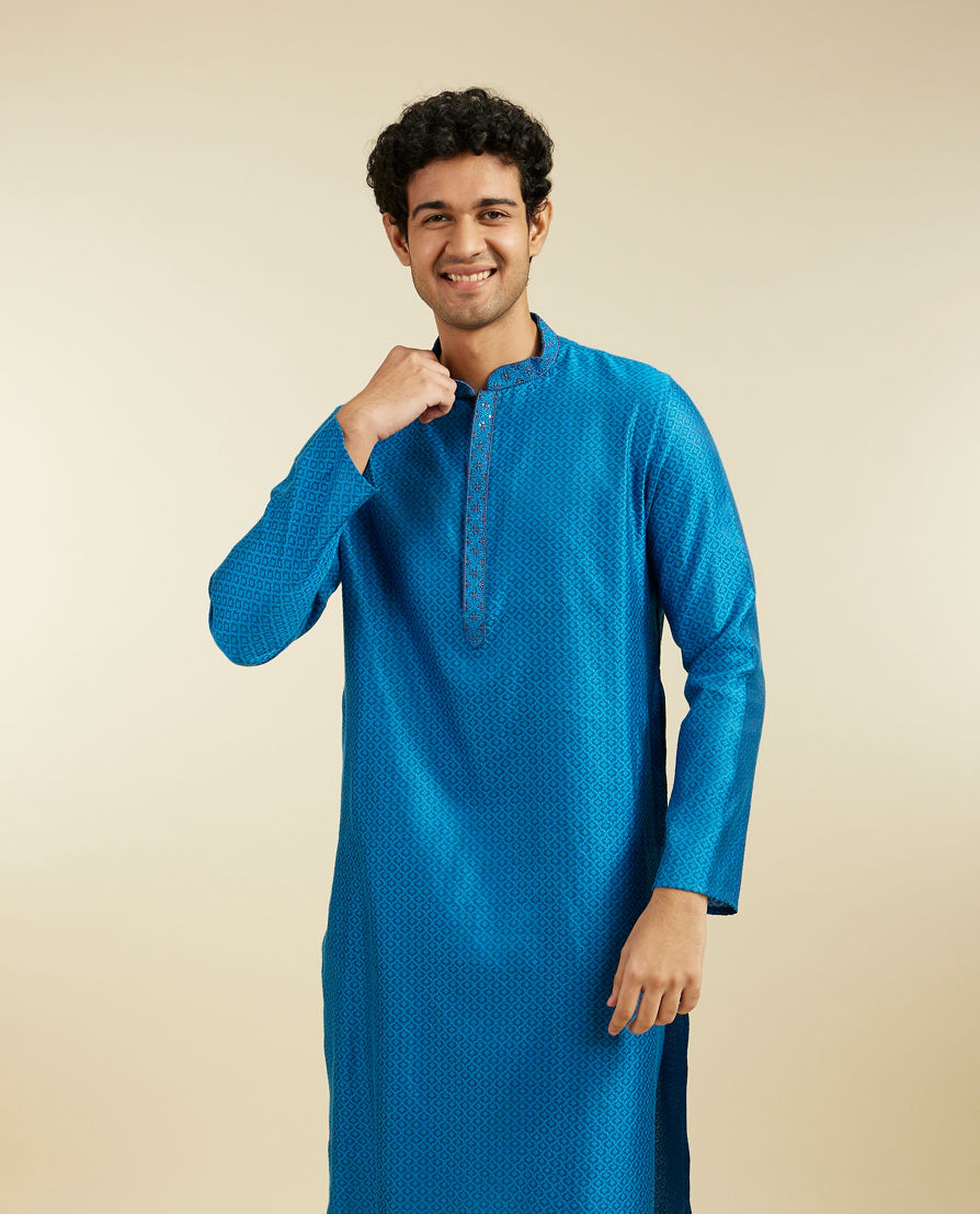 Diwas Men Lapis Blue Lattice Patterned Kurta Pajama