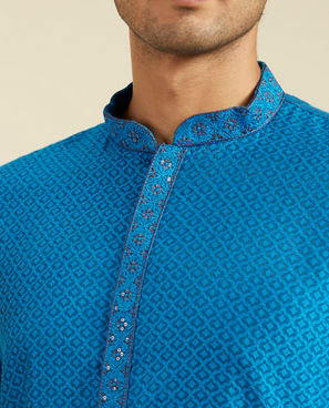 Diwas Men Lapis Blue Lattice Patterned Kurta Pajama