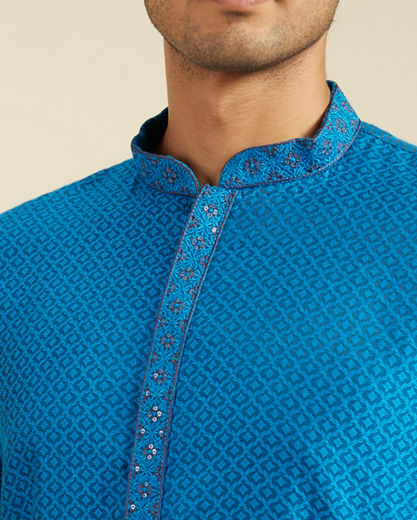 Diwas Men Lapis Blue Lattice Patterned Kurta Pajama
