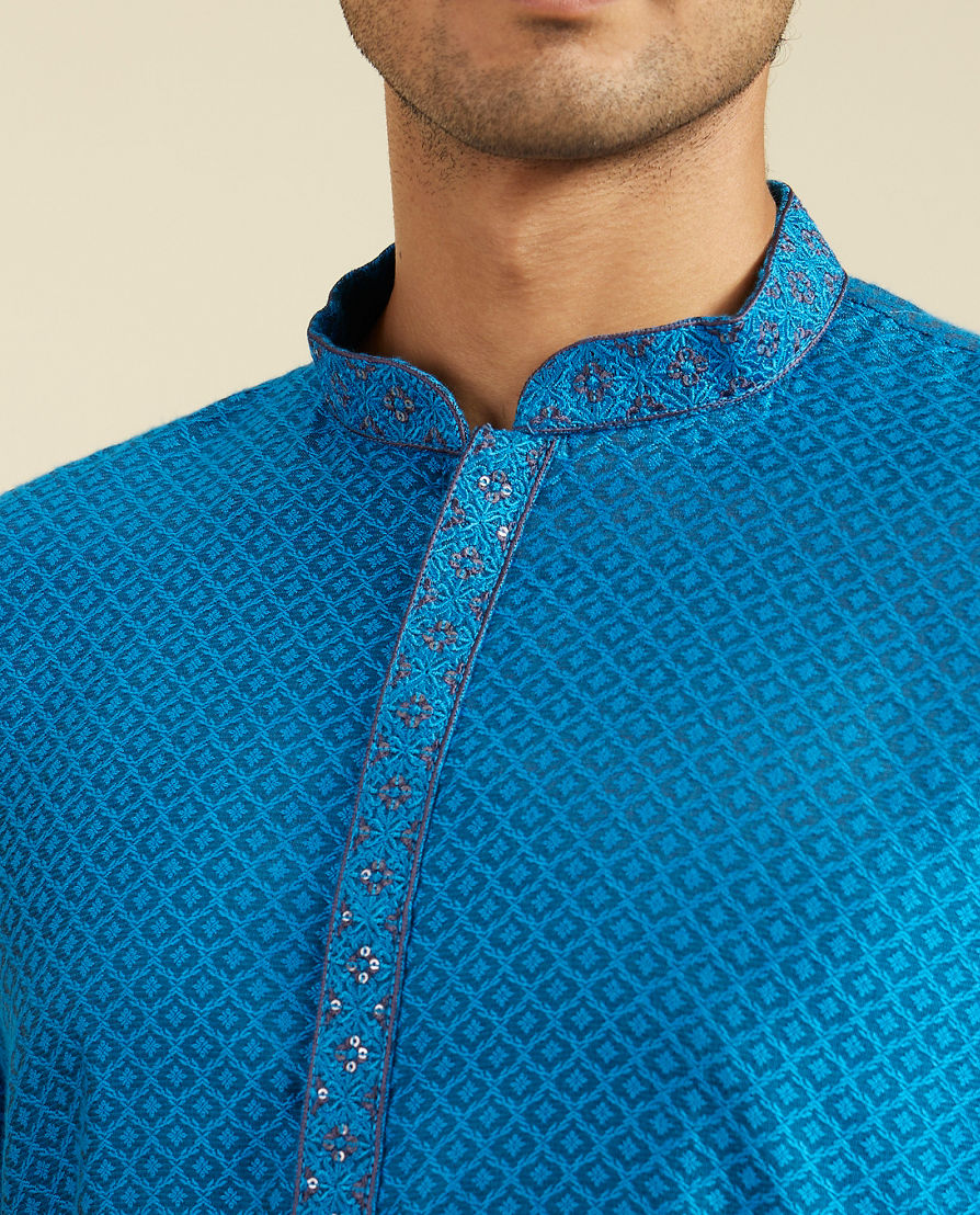 Diwas Men Lapis Blue Lattice Patterned Kurta Pajama