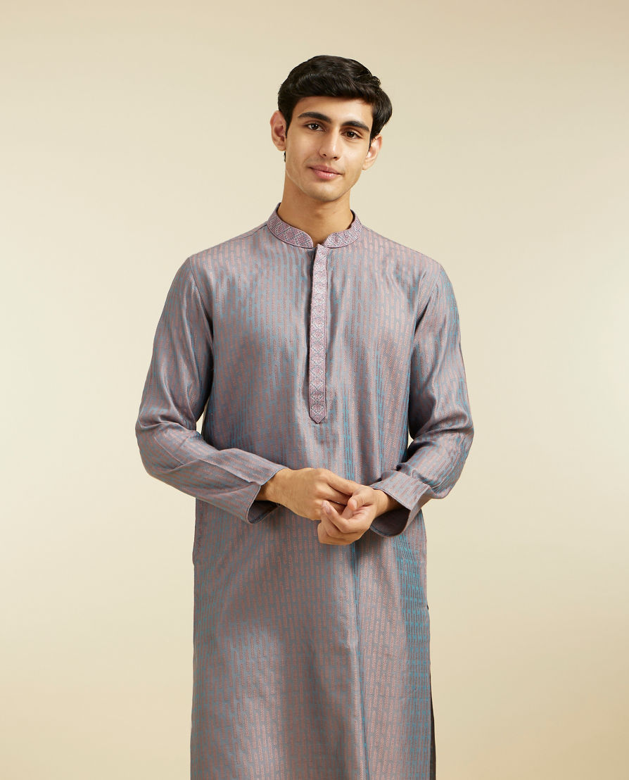Diwas Men Concrete Grey Kurta Pajama with Fern Motifs and Embroidered Placket