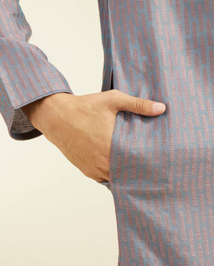 Diwas Men Concrete Grey Kurta Pajama with Fern Motifs and Embroidered Placket