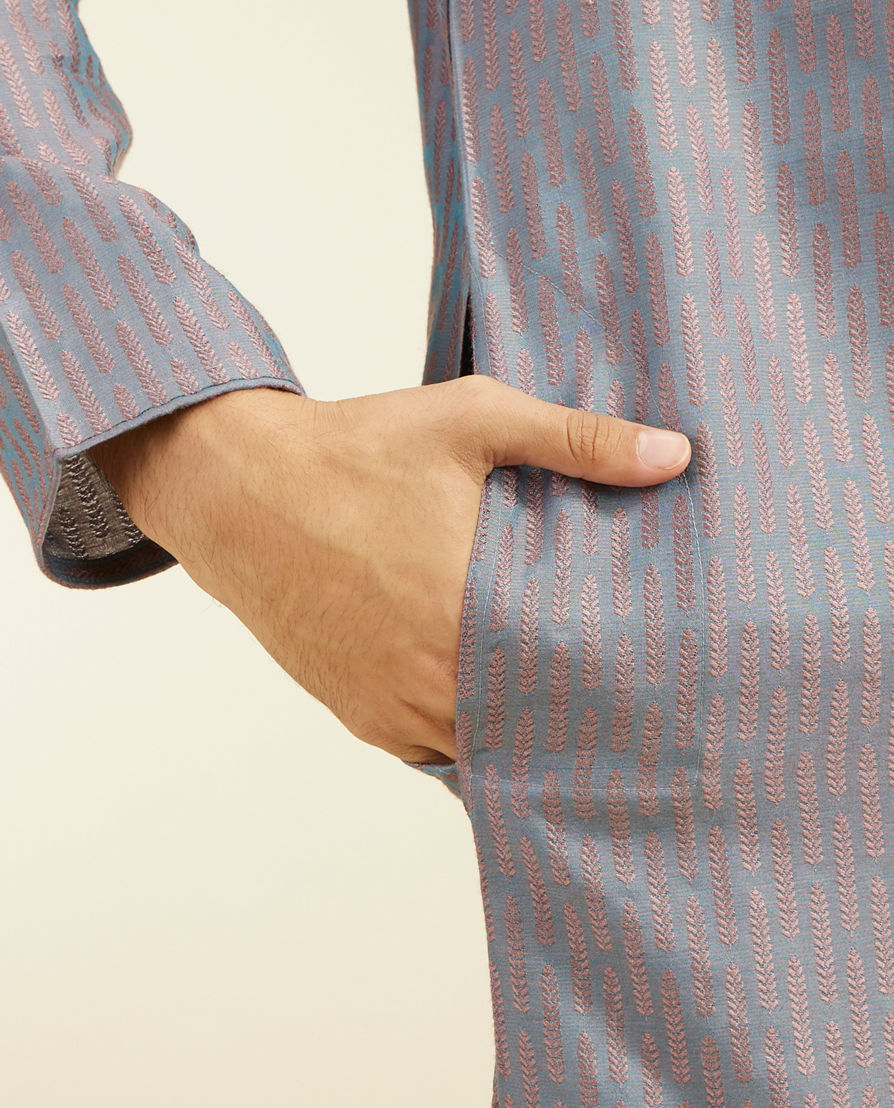 Diwas Men Concrete Grey Kurta Pajama with Fern Motifs and Embroidered Placket