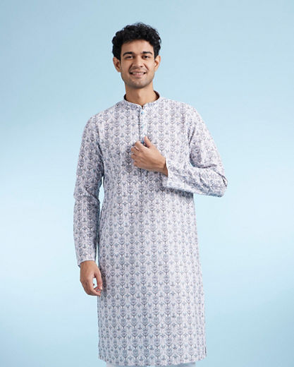 Diwas Men White Aqua Kurta Pajama