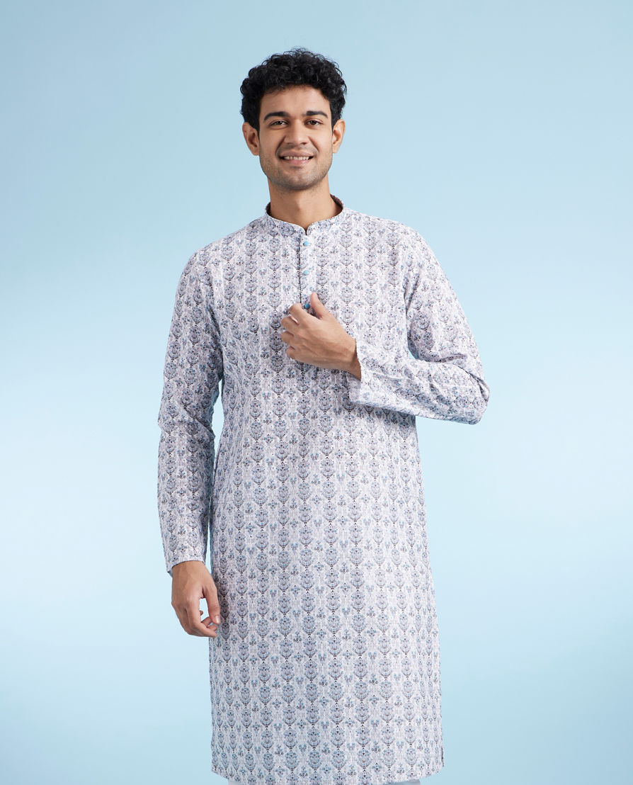 Diwas Men White Aqua Kurta Pajama