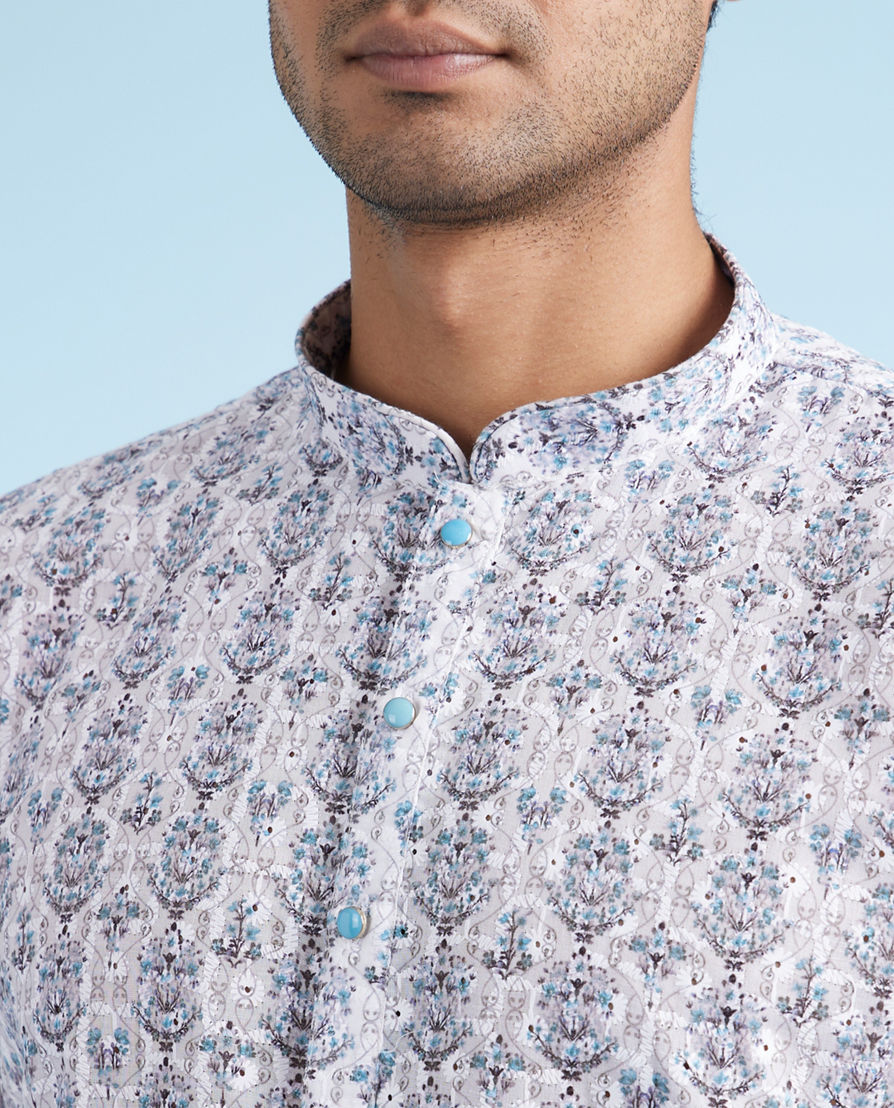 Diwas Men White Aqua Kurta Pajama