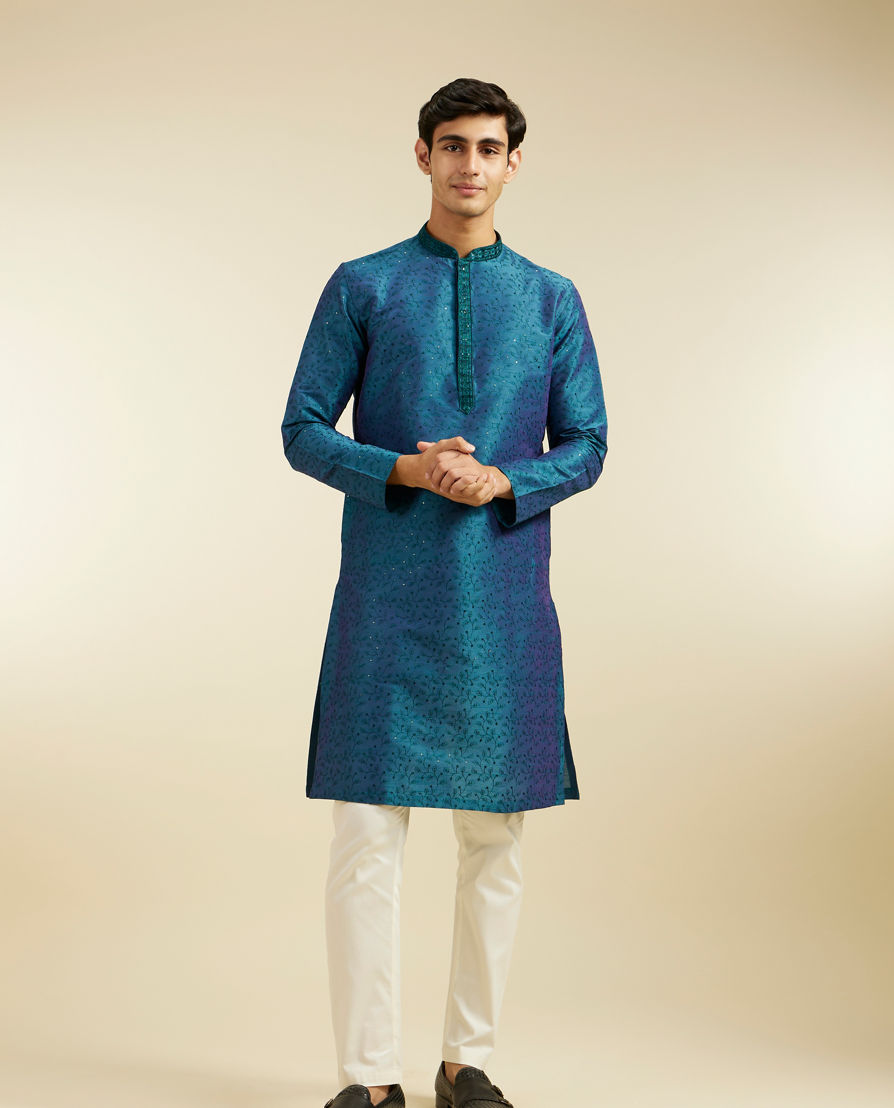 Diwas Men Teal Green Bel Embroidered Kurta Pajama with Sequin Work