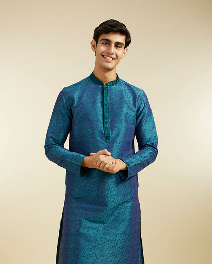 Diwas Men Teal Green Bel Embroidered Kurta Pajama with Sequin Work