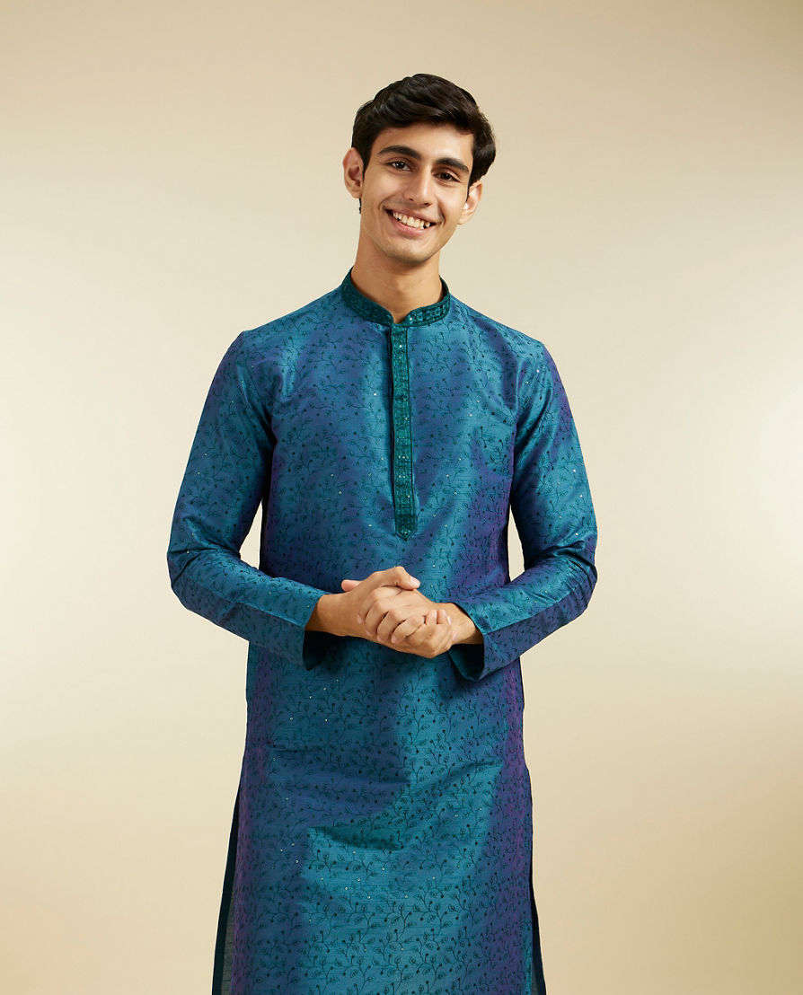 Diwas Men Teal Green Bel Embroidered Kurta Pajama with Sequin Work