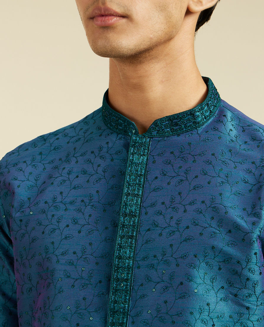Diwas Men Teal Green Bel Embroidered Kurta Pajama with Sequin Work