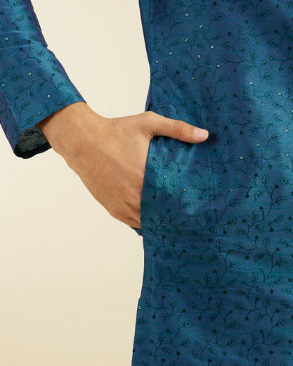 Diwas Men Teal Green Bel Embroidered Kurta Pajama with Sequin Work