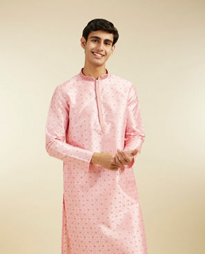 Diwas Men Bubblegum Pink Kurta Pajama with Shankh Motifs and Rhinestones
