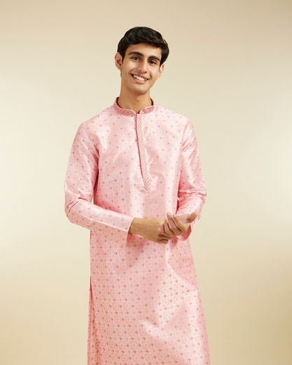 Diwas Men Bubblegum Pink Kurta Pajama with Shankh Motifs and Rhinestones