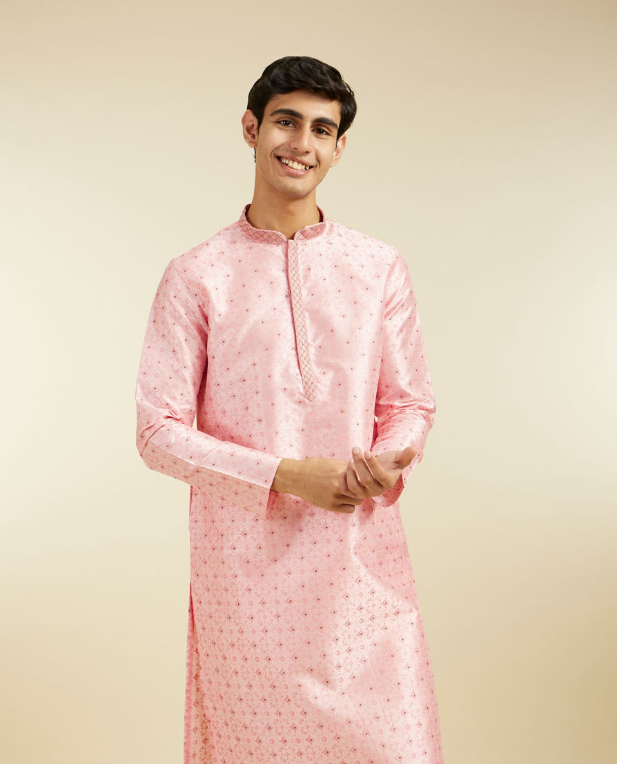 Diwas Men Bubblegum Pink Kurta Pajama with Shankh Motifs and Rhinestones
