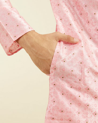 Diwas Men Bubblegum Pink Kurta Pajama with Shankh Motifs and Rhinestones
