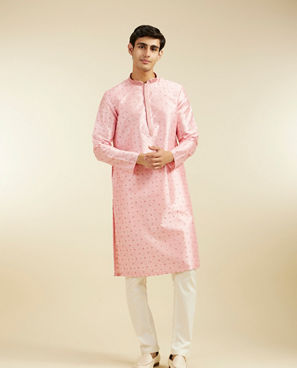 Diwas Men Bubblegum Pink Kurta Pajama with Shankh Motifs and Rhinestones