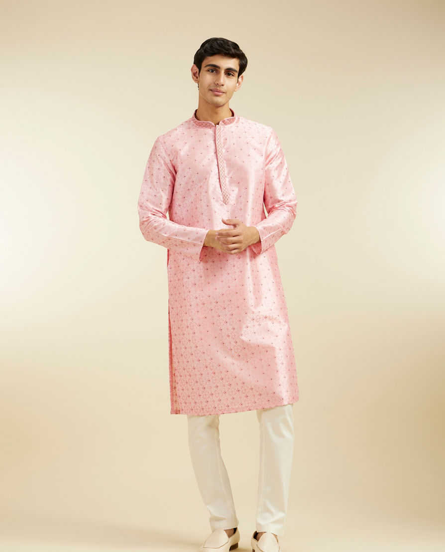 Diwas Men Bubblegum Pink Kurta Pajama with Shankh Motifs and Rhinestones